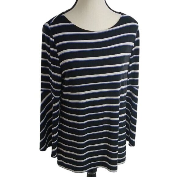 Chico's Travelers Blouse Blue White Striped Stretch Long Bell Sleeve Size M - Picture 1 of 7